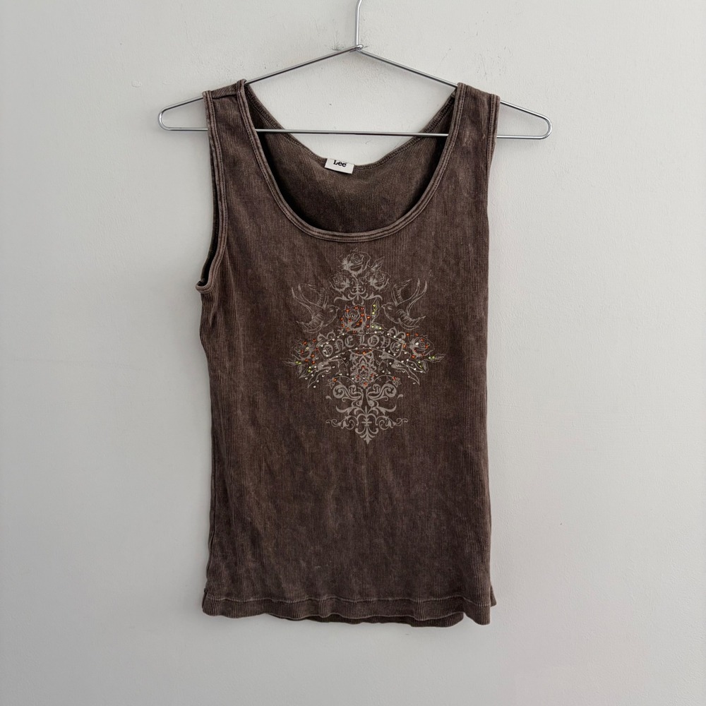 Lee Womens Brown Acid Wash Ribbed Graphic Tank Top One Love